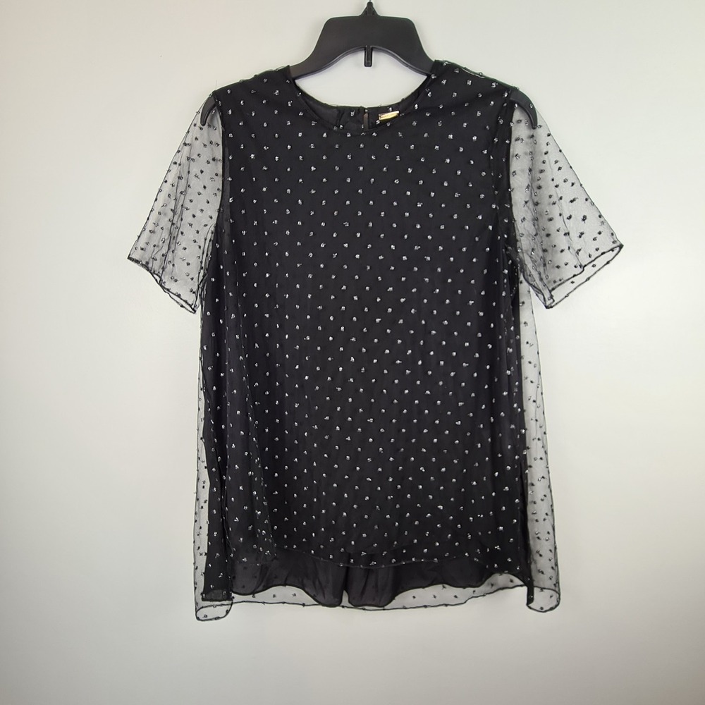 Adam Lippes Blouse Women 8 Black Silk Lined Short Sleeve Top Sheer Silver Detail